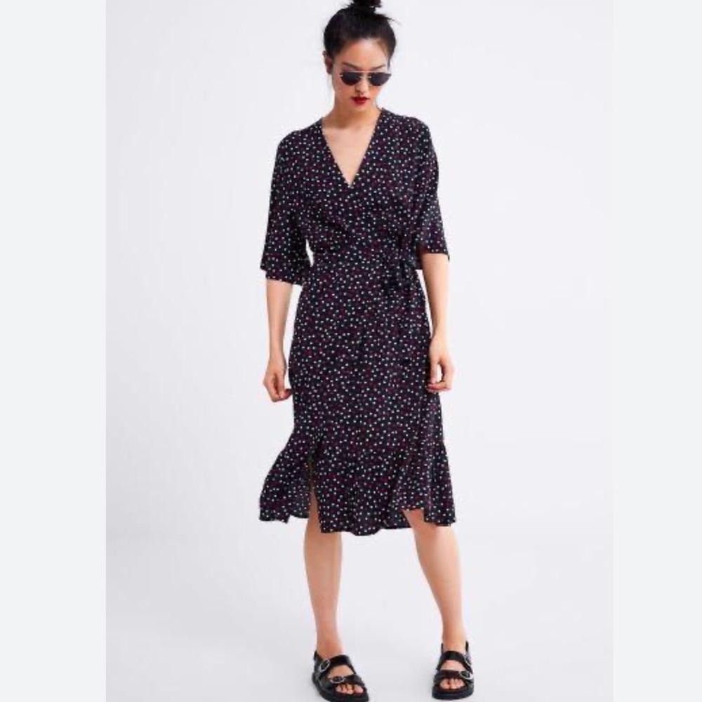 Zara Polka Dot Wrap Midi Maxi Long Dress Size Small Blue Red Career Office Work